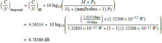 (C/N) _despread = (C/N) _dB + 10log_10((M  P_3)/(N_3 + (numProbes - 1) P_3))  FormBox ... p;      , RowBox[{=,  , RowBox[{6.78386, dB}]}]}], TraditionalForm] 