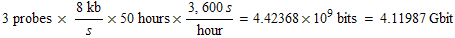 FormBox[RowBox[{3 probes × (8kb)/s × 50 hours × (3, 600 s)/hour, =, RowBox[{RowBox[{4.42368, ×, 10^9,  , bits}],  , =,  , RowBox[{4.11987, Gbit}]}]}], TraditionalForm]