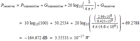 P_receiver = P_transmitter + G_transmitter + 20 log_10(λ/(4 π r)) + G_receiver ɯ ... Box[{-, 164.672}],  , dB}],  , =,  , RowBox[{3.55531, ,  , 10^(-17), W}]}]}]}], TraditionalForm] 